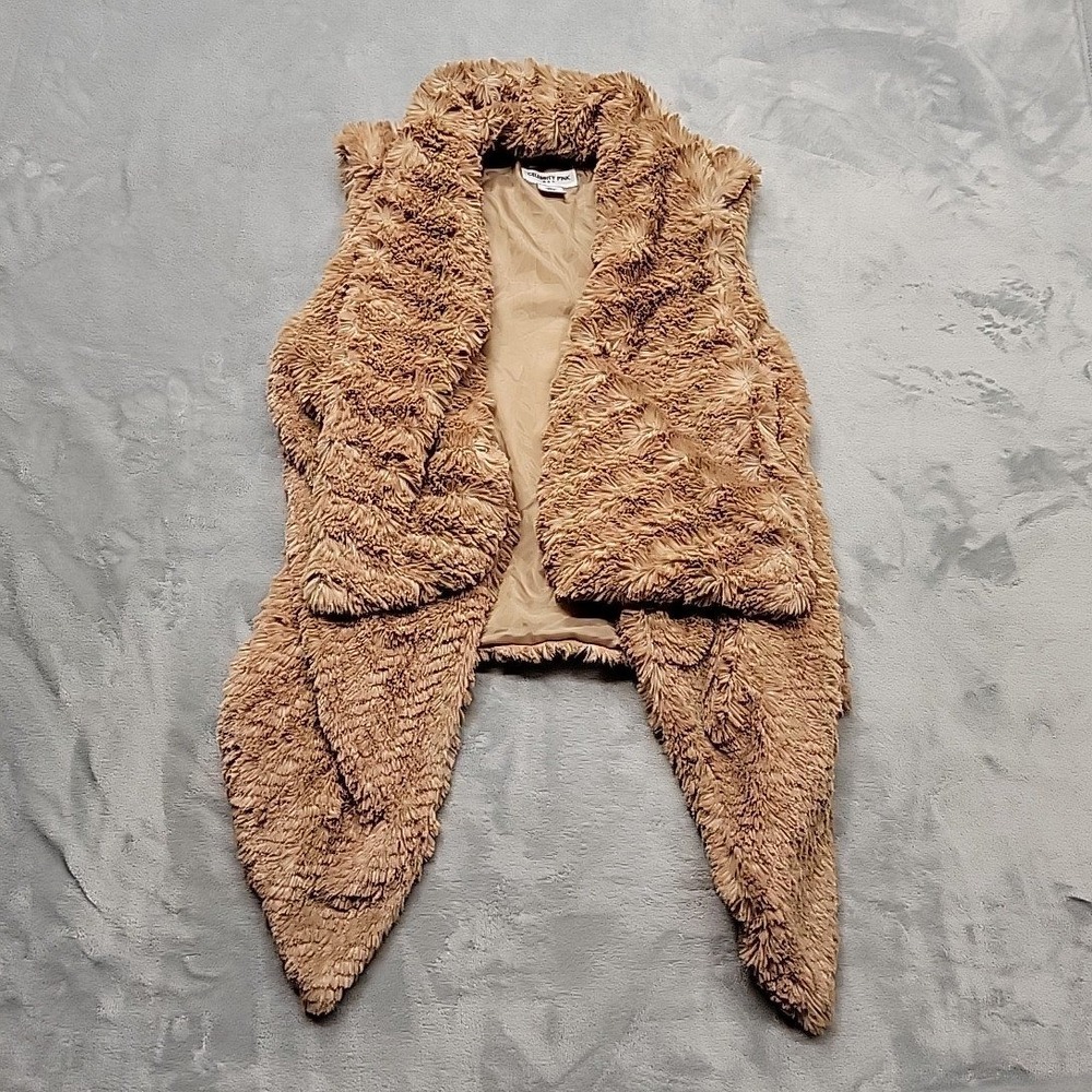 Celebrity Pink Vest Womens Medium Beige Faux Fur Open Front Shag Cozy